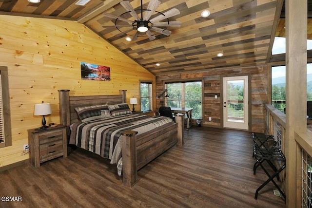 bedroom with dark wood-style floors, wooden walls, high vaulted ceiling, and beamed ceiling