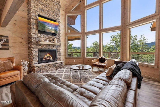 living room featuring wood walls, a fireplace, and wood finished floors