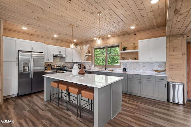 kitchen featuring wooden ceiling, dark wood-style flooring, stainless steel appliances, open shelves, and a sink