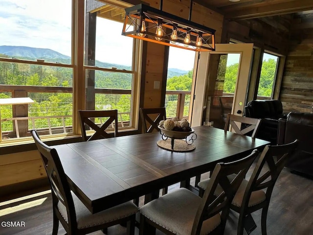 dining area with a wealth of natural light, wood walls, and a mountain view