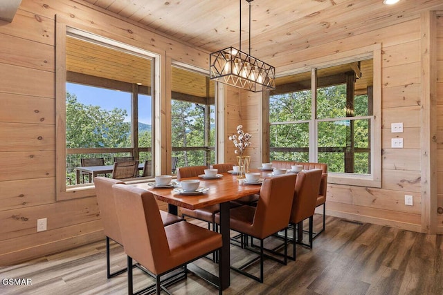 dining area with wood ceiling, plenty of natural light, and wooden walls