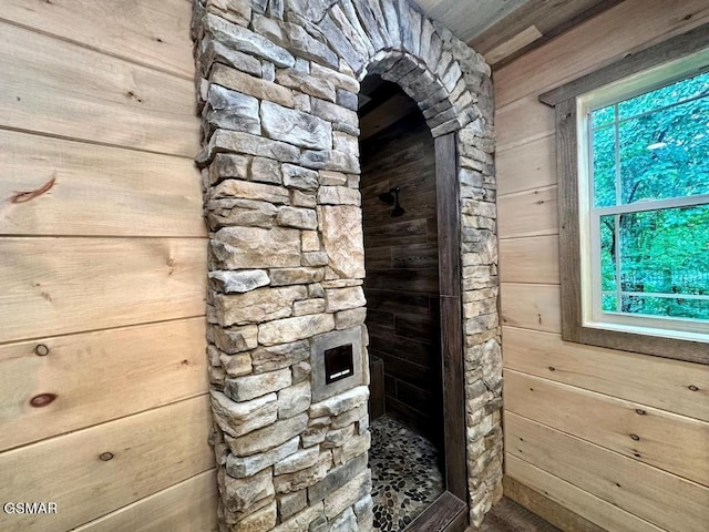 bathroom with wooden walls