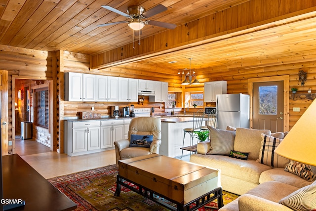 living area featuring a ceiling fan, wood ceiling, and log walls