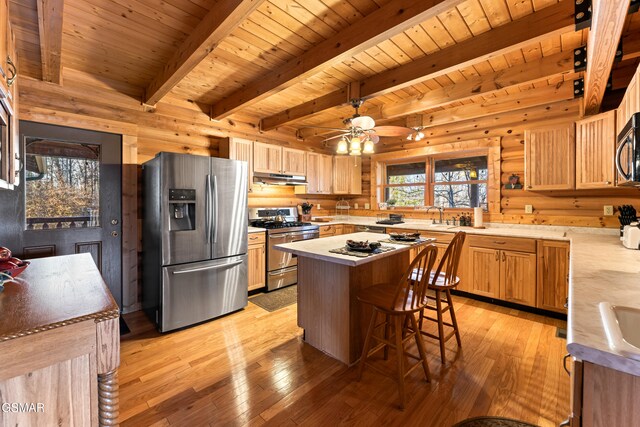 kitchen featuring light wood-style flooring, under cabinet range hood, stainless steel appliances, light countertops, and log walls