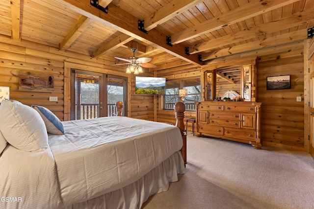 bedroom featuring rustic walls, beam ceiling, wood ceiling, and light carpet