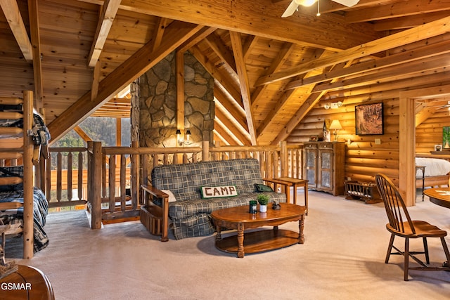 carpeted living room featuring wooden ceiling, log walls, lofted ceiling with beams, and a ceiling fan