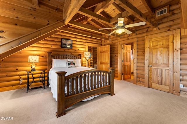 carpeted bedroom with rustic walls, visible vents, and lofted ceiling with beams