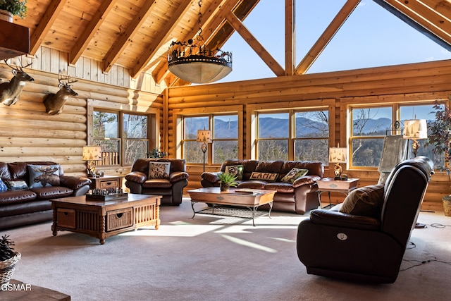 living area featuring carpet floors, high vaulted ceiling, wooden ceiling, beamed ceiling, and rustic walls