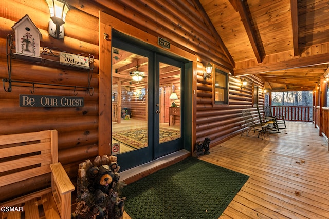 property entrance with french doors and faux log siding