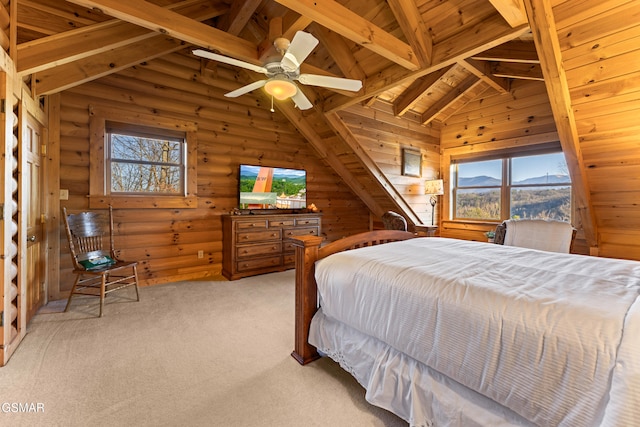 bedroom featuring multiple windows, wooden ceiling, light colored carpet, and lofted ceiling with beams