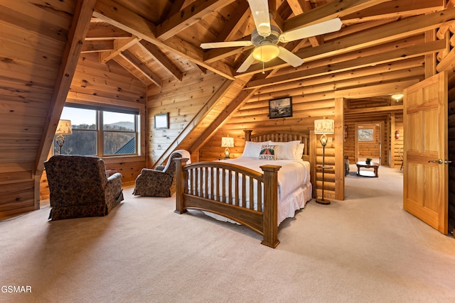 carpeted bedroom featuring log walls, wooden ceiling, and vaulted ceiling with beams