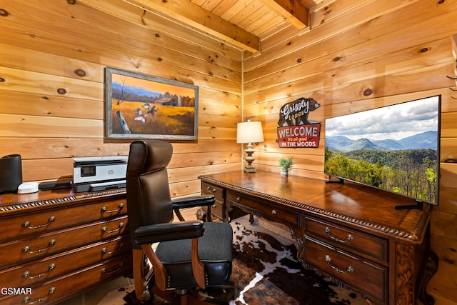 office space featuring beam ceiling, wooden ceiling, and wood walls