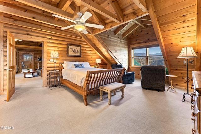 carpeted bedroom featuring beamed ceiling, high vaulted ceiling, wood ceiling, and a mountain view