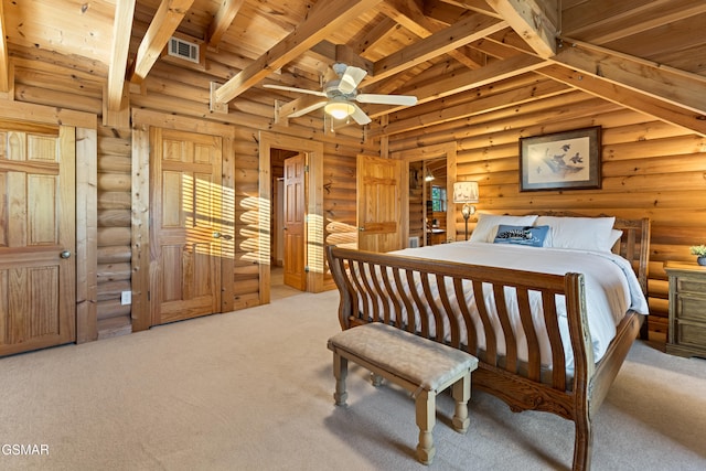 bedroom featuring beam ceiling, visible vents, wooden ceiling, and carpet