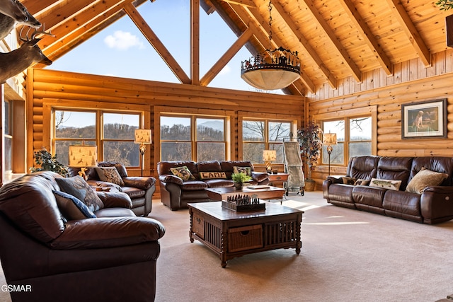 carpeted living room featuring rustic walls, beam ceiling, high vaulted ceiling, and wood ceiling