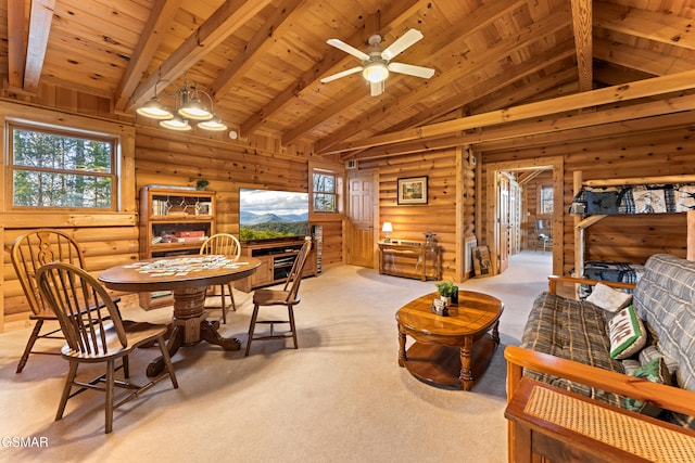 dining room with lofted ceiling with beams, wooden ceiling, and light carpet