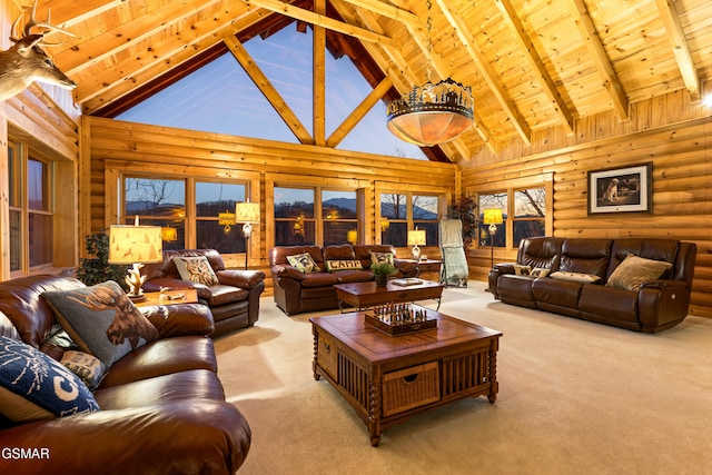 living room featuring beam ceiling, high vaulted ceiling, wood ceiling, and carpet floors