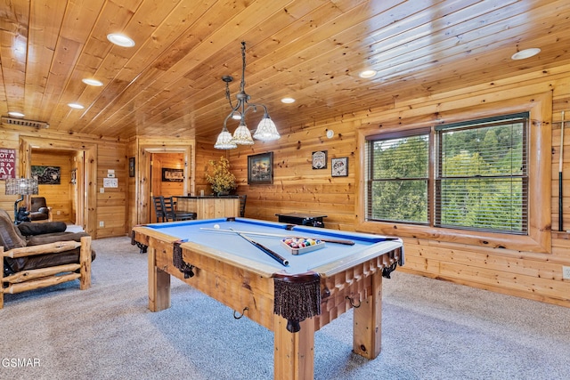 rec room featuring wooden walls, light colored carpet, wooden ceiling, and pool table