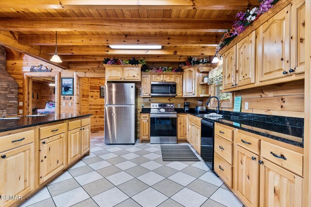 kitchen with wood ceiling, stainless steel appliances, sink, pendant lighting, and beamed ceiling