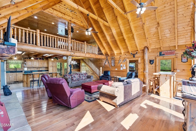 living room featuring wooden walls, beam ceiling, wooden ceiling, and high vaulted ceiling