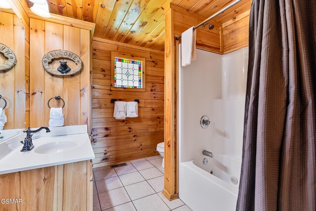 full bathroom featuring tile patterned floors, shower / tub combo with curtain, wooden ceiling, toilet, and wood walls