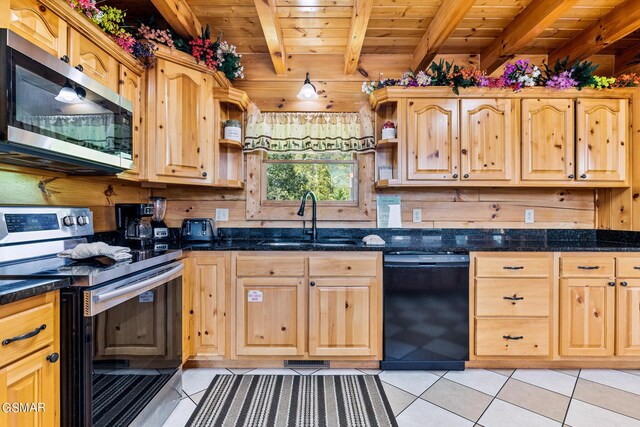 kitchen featuring appliances with stainless steel finishes, wood ceiling, sink, beam ceiling, and light tile patterned flooring