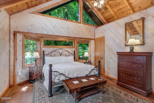 bedroom with wooden walls, wood finished floors, high vaulted ceiling, beam ceiling, and wood ceiling