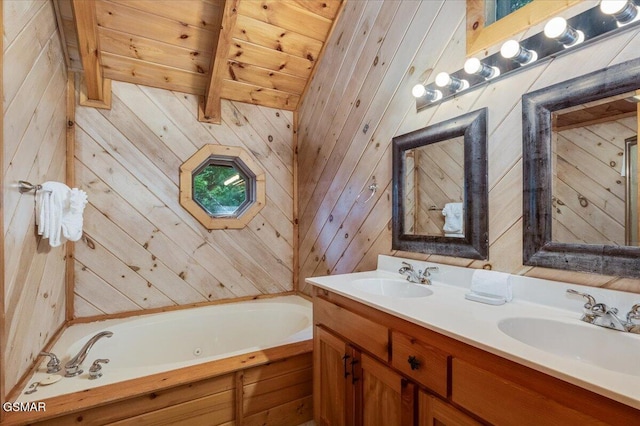 bathroom with double vanity, wooden walls, a bath, and a sink