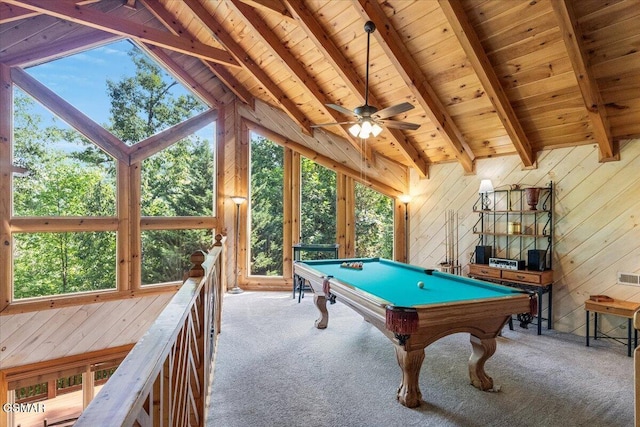 recreation room featuring lofted ceiling with beams, carpet, wood ceiling, and wooden walls