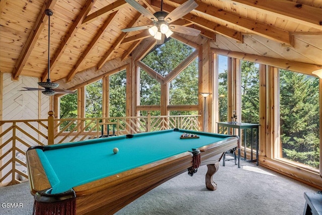 game room with wooden ceiling, lofted ceiling with beams, carpet, and a wealth of natural light