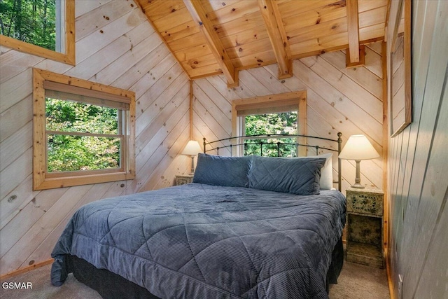 bedroom with lofted ceiling with beams, wooden walls, and wood ceiling