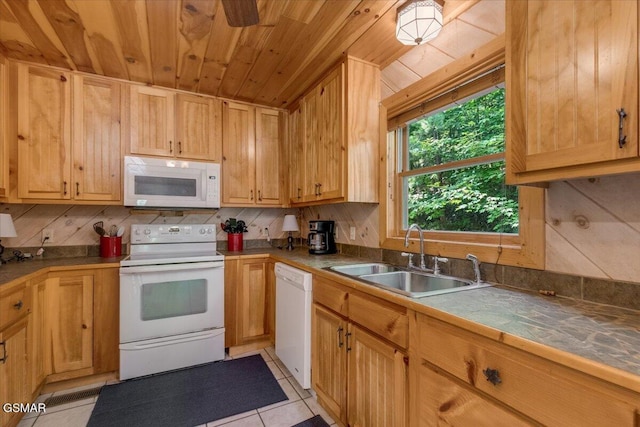 kitchen with white appliances, light tile patterned floors, a sink, wood ceiling, and backsplash