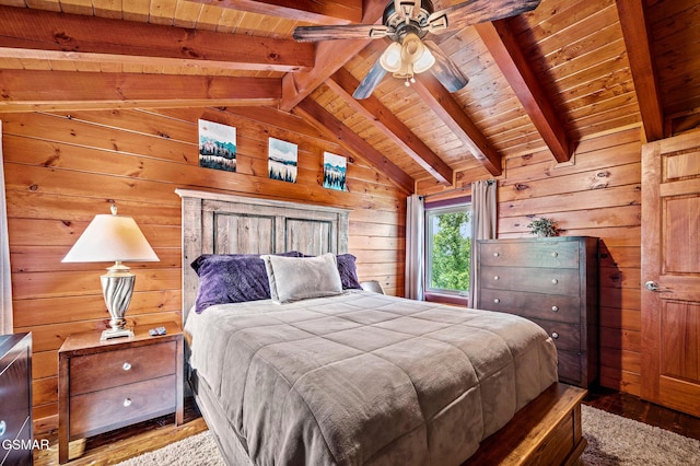 bedroom with vaulted ceiling with beams, wooden walls, and wood ceiling