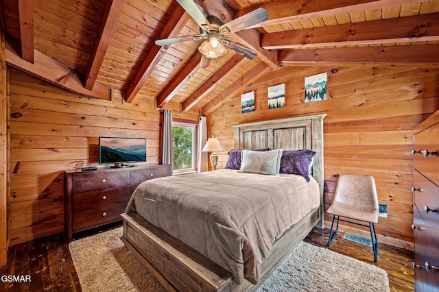 bedroom featuring lofted ceiling with beams, dark hardwood / wood-style flooring, and wood ceiling