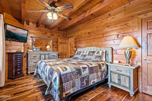 bedroom with ceiling fan, wooden walls, beam ceiling, wooden ceiling, and dark hardwood / wood-style floors