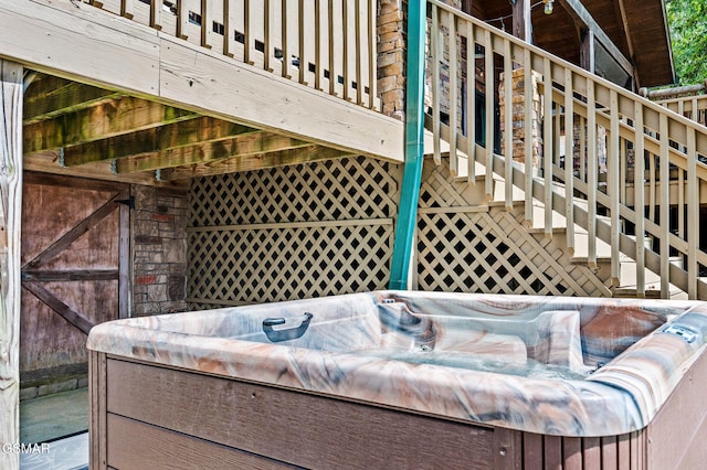 view of patio featuring a hot tub