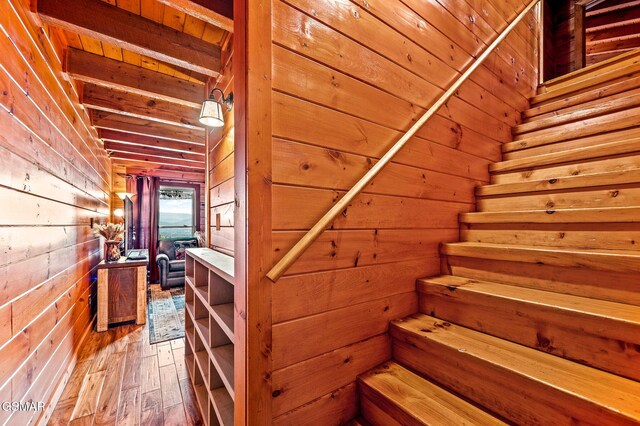 staircase with hardwood / wood-style floors and wooden walls