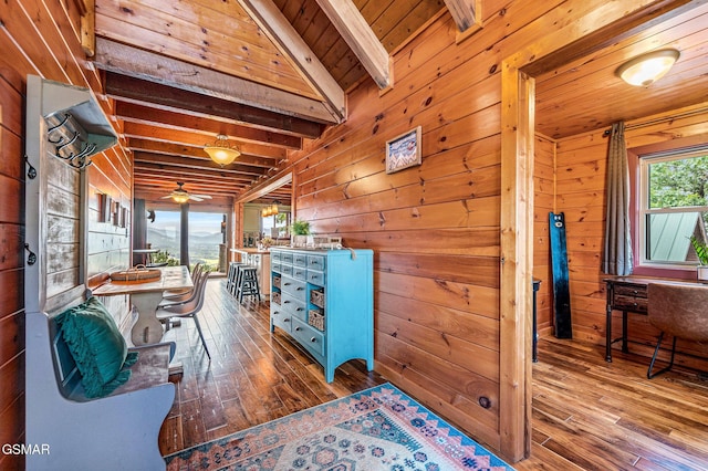 office with ceiling fan, plenty of natural light, wooden ceiling, and wood walls