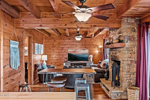 unfurnished office featuring beam ceiling, dark wood-type flooring, a stone fireplace, wooden walls, and wood ceiling