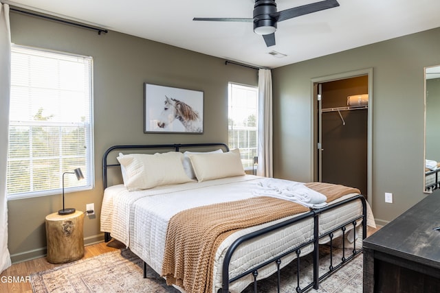 bedroom featuring a spacious closet, ceiling fan, baseboards, light wood-style floors, and a closet