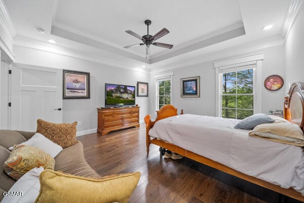 bedroom with crown molding, multiple windows, wood finished floors, and a raised ceiling