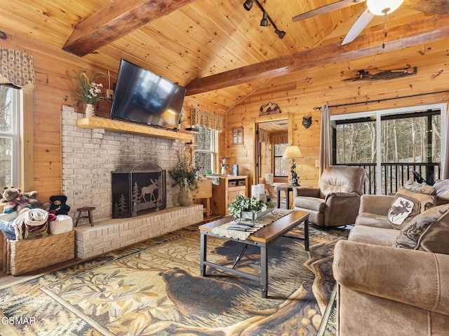 1663 S Mountain View Rd, Sevierville, TN 37876 - living room featuring rail lighting, wooden ceiling, and wooden walls