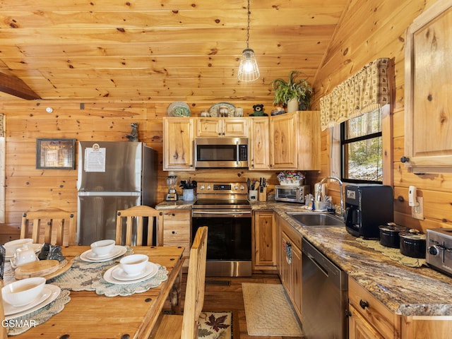 1663 S Mountain View Rd, Sevierville, TN 37876 - kitchen featuring vaulted ceiling, appliances with stainless steel finishes, sink, and decorative light fixtures