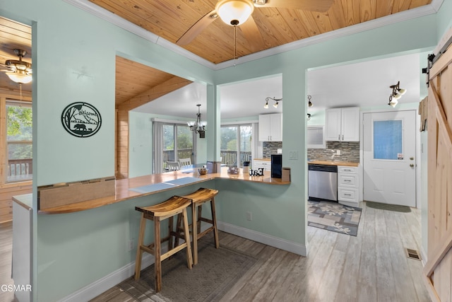 kitchen with kitchen peninsula, stainless steel dishwasher, wood ceiling, a barn door, and white cabinets