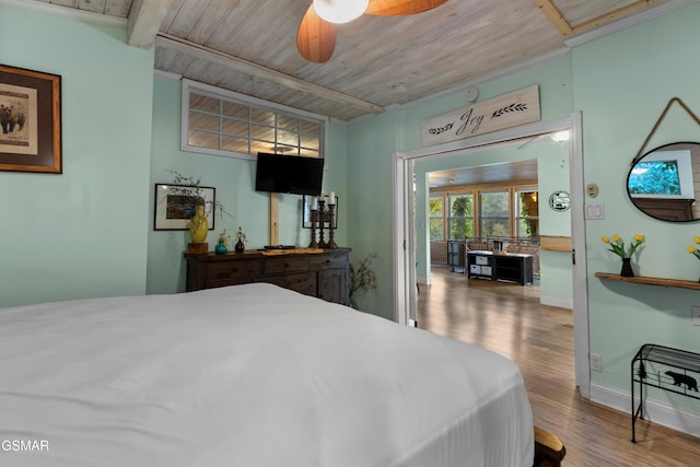 bedroom featuring beam ceiling, ceiling fan, wood ceiling, and hardwood / wood-style flooring