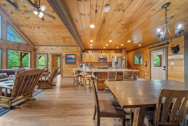 dining room with plenty of natural light, wood walls, and wooden ceiling