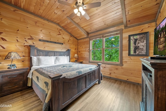bedroom with vaulted ceiling, light wood-style flooring, wood ceiling, and wooden walls