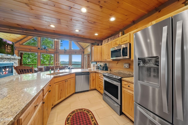 kitchen featuring a sink, light stone counters, recessed lighting, wooden ceiling, and appliances with stainless steel finishes