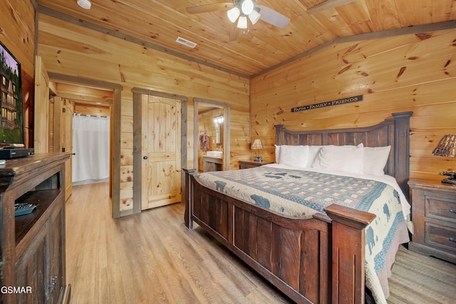 bedroom featuring light wood-style flooring, wooden ceiling, visible vents, wood walls, and vaulted ceiling