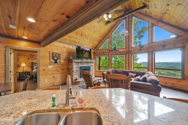 kitchen with wood ceiling, a sink, and wood finished floors